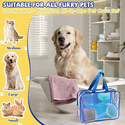 8PCS Dog Slicker Brush for Dogs Grooming Kit,Bath Grooming Kit for Pets,Hair Brush Set with Towel,Washing Gloves,Slicker Comb,and Shampoo Scrubber Brush for Small and Large Dogs and Cats(Blue)