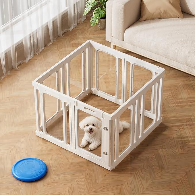 Jalove Dog Playpen Indoor, 24" H Plastic Puppy Playpen with Window, Easy Assembly and Cleaning, Clear Acrylic Pet Playpen for Puppy Cat Ferret, Small Dogs Fence Crate Kennel (White, 8 Panels)