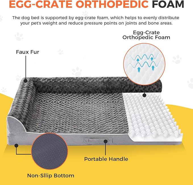 Dog Bed Large Sized Dogs, XXL Orthopedic Dog Bed for Large Dogs, Waterproof Pet Bed with Washable Removable Cover, L-Shaped Pet Couch with Portable Handle 48"x35"x7.5", Grey