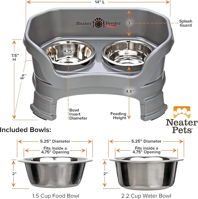 Neater Feeder Deluxe Mess-Proof Elevated Dog Bowls for Small Dogs (Up to 19 lbs), 2 Height Adjustable (6” & 7.5”) No-Spill Raised Dog Bowl Stand, Stainless Steel Food Bowl Set, Made in USA, Grey