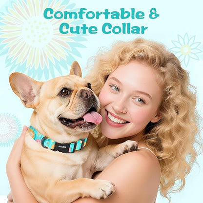 Kazazoo Dog Collar Cute and Soft Nylon Puppy Collar for Boy and Girl, Adjustable Dog Collars for Medium Large Dogs, Blue Sunflowers-L