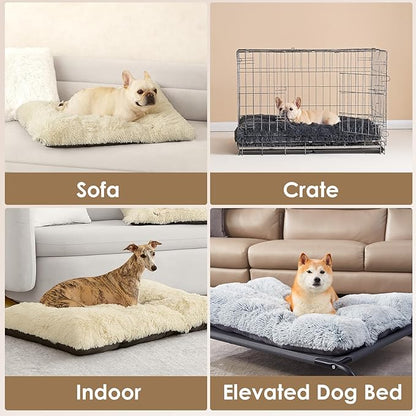 EHEYCIGA Fluffy Dog Crate Bed for Extra Large Dogs, Plush Faux Fur Crate Pad, Calming Anti Anxiety XL Dog Bed, Washable Soft Warm Mat with Non-Slip Bottom, Ivory Beige