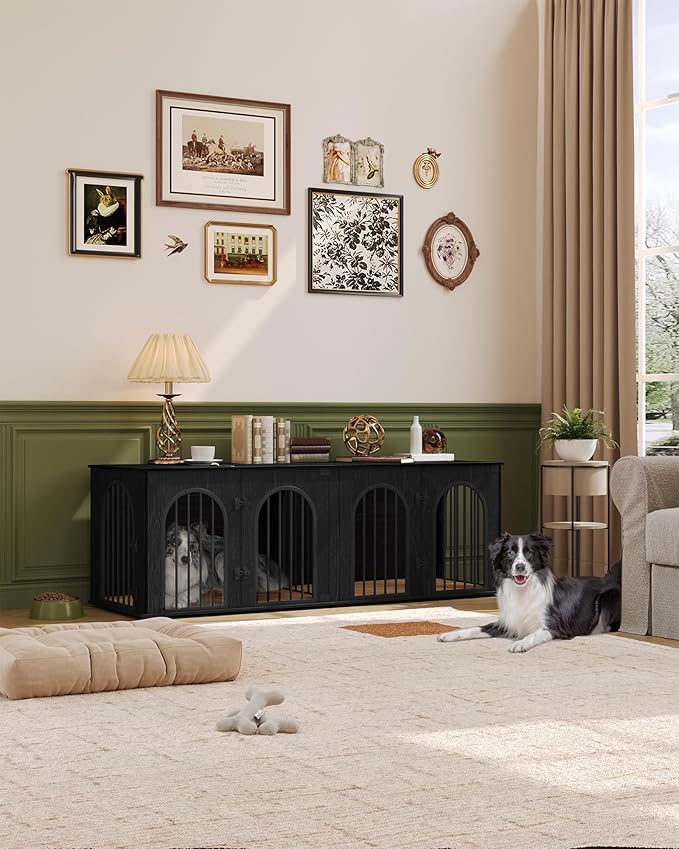 Hzuaneri 71" Dog Crate Furniture for 2 Dogs, Heavy Duty Indoor Dog Kennel TV Stand, XL Wooden Dog Cage with Divider for Medium Large Dogs, End Table Dog Crate with Cushion, Black DFC81904B