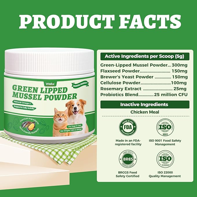 Wellix Green Lipped Mussels for Dogs & Cats-Hip and Joint Supplement for Senior Dogs With Omega 3&Probiotics for Support Hip&Joint Healthy, Anti-Inflammatory Powder for Dogs&Cats Arthritis Pain Relief