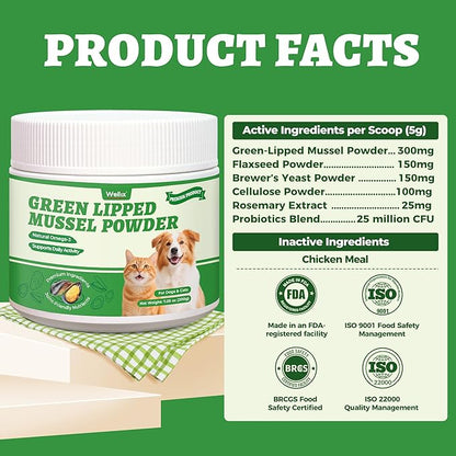Wellix Green Lipped Mussels for Dogs & Cats-Hip and Joint Supplement for Senior Dogs With Omega 3&Probiotics for Support Hip&Joint Healthy, Anti-Inflammatory Powder for Dogs&Cats Arthritis Pain Relief