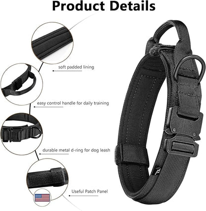 DAGANXI Tactical Dog Collar, Adjustable Military Training Nylon Dog Collar with Control Handle and Heavy Metal Buckle for Medium and Large Dogs, with Patches and Airtags Case (M, Black)