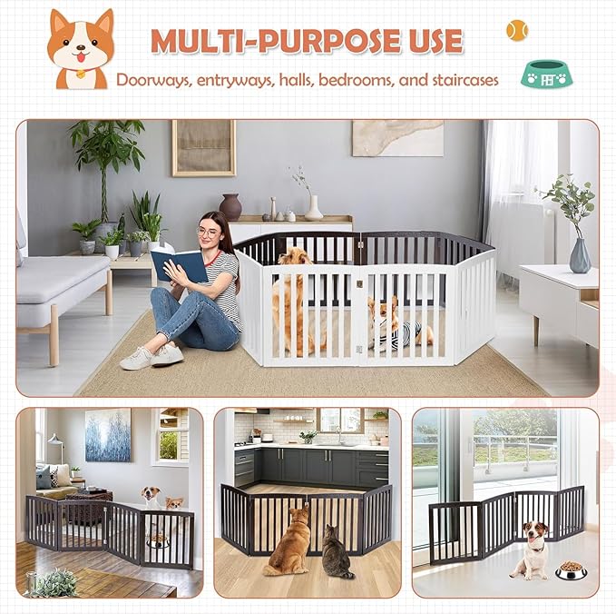 Dog Gate Pet Gate Indoor for Stairs Doorways 82x24 Inch 4 Panels Dog Fence Extra Wide Wooden Black