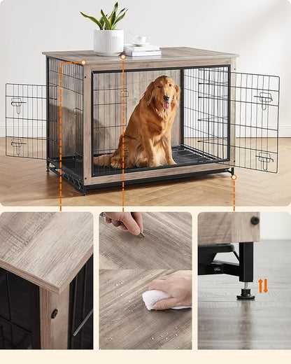 Feandrea 44.1" Dog Crate Furniture, Indoor Dog Cage Side End Table, XL Pet Wood Kennel for Large and Medium Dogs up to 80 lb with Multi-Purpose Removable Tray, Double-Door Pet House, Greige