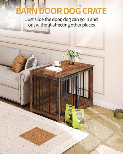 Hzuaneri 39.3" Dog Crate Furniture with Barn Door, Heavy Duty Dog Kennel Indoor with 2 Doors, Wooden Pet Cage End Table for Large Small Medium Dogs, Anti-Chew Anti-Escape, Rustic Brown DFC02301B