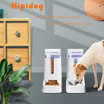 2 Packs Automatic Cat Feeder and Waterer, Gravity Dog Food and Water Dispenser Set for Small Medium Big Pets Cats Dogs Puppy Kitten, 1 Gallon x 2 (White)