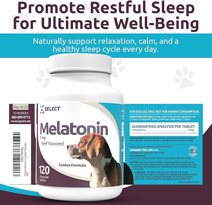 K9 Select Melatonin for Dogs - Composure Dog Calming Chews - Dog Melatonin for Sleep - Reduce Stress Helps Composure Calming Treats for Small Dogs - 3 mg, 120 Beef Flavored Chewable Tablets