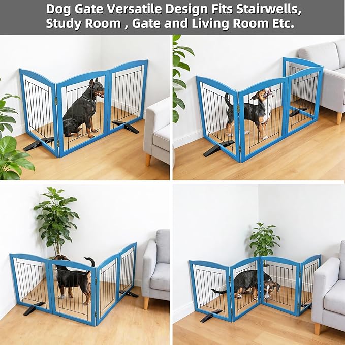 ZJSF Freestanding Dog Fence Indoor, Foldable Dog Gate for Doorways, Stairs or Hallways, Sturdy Wood Extra Wide Pet Gate with Support Feet for The House, Blue, 32 "Height-3 Panels