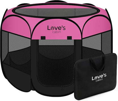 Love's cabin Pet Puppy Dog Playpen, Large Dog Tent Crates Cage Indoor/Outdoor, Portable Playpen for Cat, Foldable Pop Up Dog Kennel Playpen with Carring Case, Removable Zipper Top, Pink