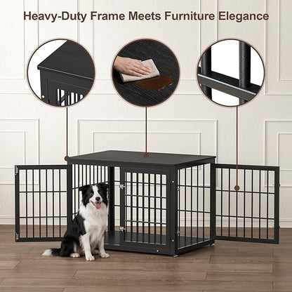 rehomerance 42 Inch Heavy Duty Dog Crate Furniture for Large and Medium Dogs, Decorative Pet House End Table, Wooden Cage Kennel Furniture Indoor, Black