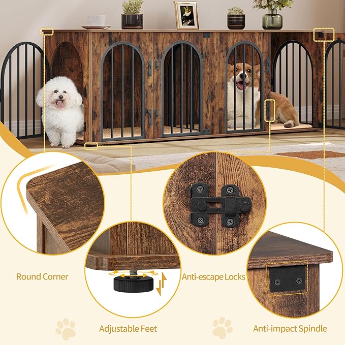 Hzuaneri 63" Dog Crate Furniture for 2 Dogs, Heavy Duty Indoor Dog Kennel TV Stand, L Wooden Dog Cage with Divider for Medium Large Dogs, End Table Dog Crate with Cushion, Rustic Brown DFC80901B