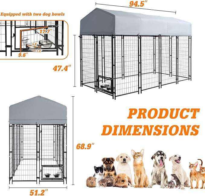 Outdoor Heavy Duty Large Dog Kennel Playpen - 8x4x6 Ft Welded Wire Steel Dog Run Enclosure Crate Cage with UV-Resistant Roof and Secure Lock for Chicken, Rabbit, Fox in Yard Patio Lawn