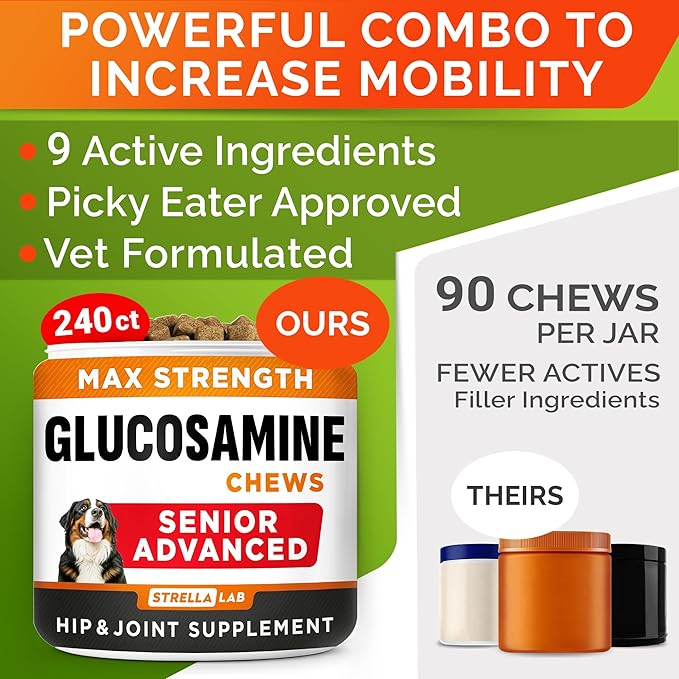 Senior Advanced Glucosamine Joint Supplement for Dogs - Hip & Joint Pain Relief - Small + Large Breeds -Omega-3 Fish Oil - Chondroitin, MSM- Mobility Soft Chews for Older Dogs - Chicken Flavor - 240Ct