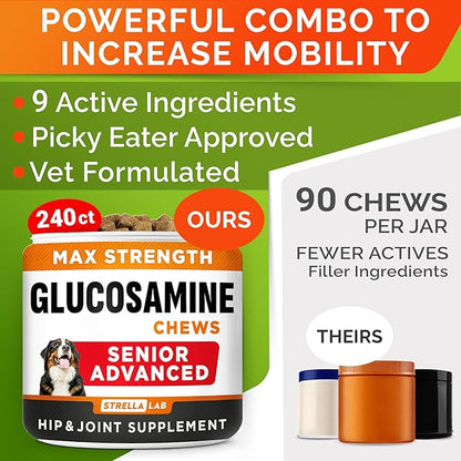 Senior Advanced Glucosamine Joint Supplement for Dogs - Hip & Joint Pain Relief - Small + Large Breeds -Omega-3 Fish Oil - Chondroitin, MSM- Mobility Soft Chews for Older Dogs - Chicken Flavor - 240Ct