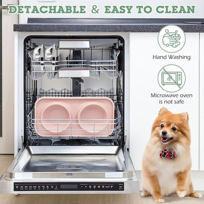 BNOSDM 2 Pcs Double Dog Food Bowls, Stainless Steel Small Dog Food and Water Bowls with Non-Spill Plastic Mat, Pet Cat Feeder Dish Set for Puppy Cats Kitten, Green