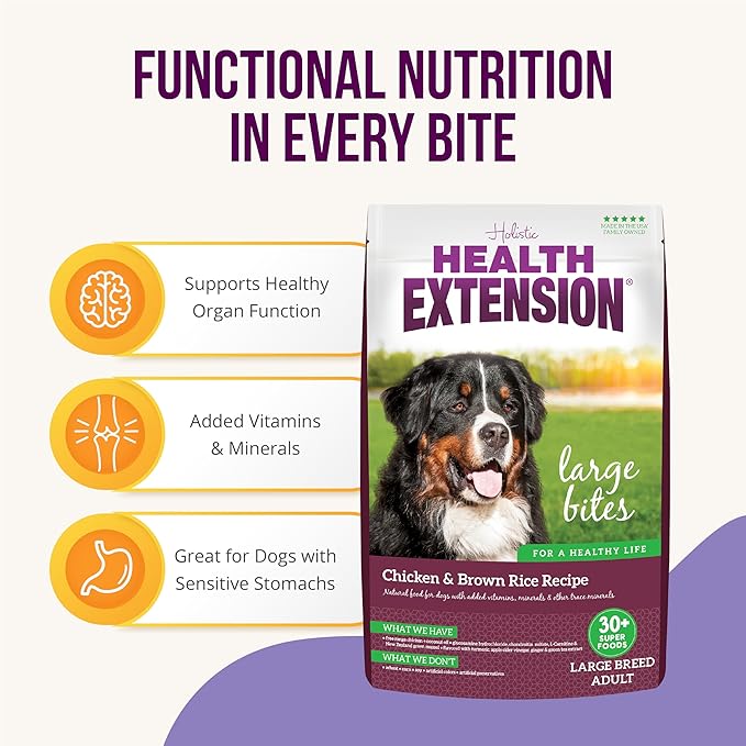 Health Extension Large Bites Chicken & Brown Rice Dry Dog Food, Protein-Rich Formula with Probiotics & Essential Nutrients for Large Breeds (30 lb)