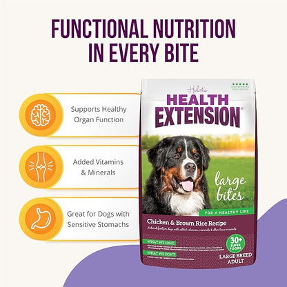 Health Extension Large Bites Chicken & Brown Rice Dry Dog Food, Protein-Rich Formula with Probiotics & Essential Nutrients for Large Breeds (30 lb)