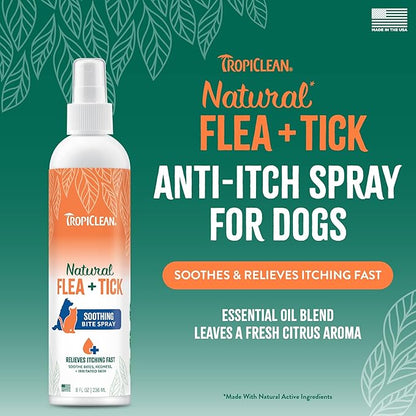 TropiClean Flea and Tick Bite Relief Treatment Spray for Dogs & Cats, Advanced Care Itch Relief Spray, Made in USA, 8oz