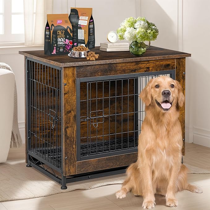 Shintenchi Wooden Dog Crate Furniture for Large Breed, L Double-Door Kennel Indoor with Removable Tray, End Table L Dog Crate for Decoration, 44.1" L, Brown