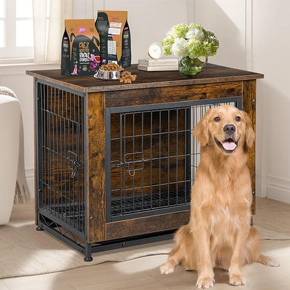Shintenchi Wooden Dog Crate Furniture for Large Breed, L Double-Door Kennel Indoor with Removable Tray, End Table L Dog Crate for Decoration, 44.1" L, Brown