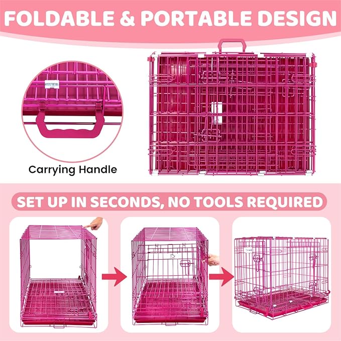 HOMEY PET 24 Inch Small Dog Crate, Cute Pink Puppy Cage Collapsible Dog Kennel Indoor, Nano-Coated Metal Wire Dog Crate with Removable Floor Grid Tray, Double Doors Dual Locks, Portable Handle