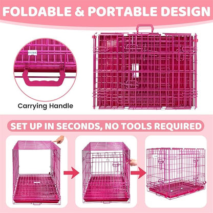 HOMEY PET 24 Inch Small Dog Crate, Cute Pink Puppy Cage Collapsible Dog Kennel Indoor, Nano-Coated Metal Wire Dog Crate with Removable Floor Grid Tray, Double Doors Dual Locks, Portable Handle