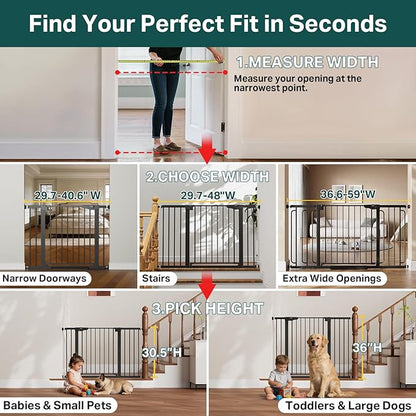 Cumbor 2-Pack Baby & Dog Gates Bundle, 29.7-48" & 30.4-56.8" Extra Wide Safety Gates for Stairs Doorways Hallways, Dual Lock Auto Close Easy Install Pet Gate, Black