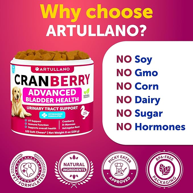 Dog UT Treats - Cranberry Chews for Dogs - Urinary Tract & Bladder Support Supplement with Natural Cranberry Extract - Tasty 120 Soft Bites for Daily Wellness with Fish Oil, Pumpkin, D-Mannose