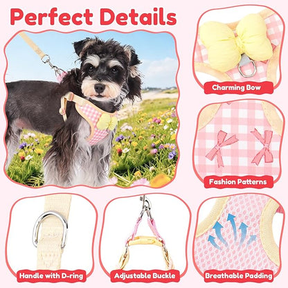 Coppthinktu Dog Harness for Small Sized Dogs, Puppy Cat Harness with Leash Set No Pull Dog Harness Adjustable Reflective Step-in Pet Vest Harnesses with Cute Bow Soft Padded Outdoor Walking
