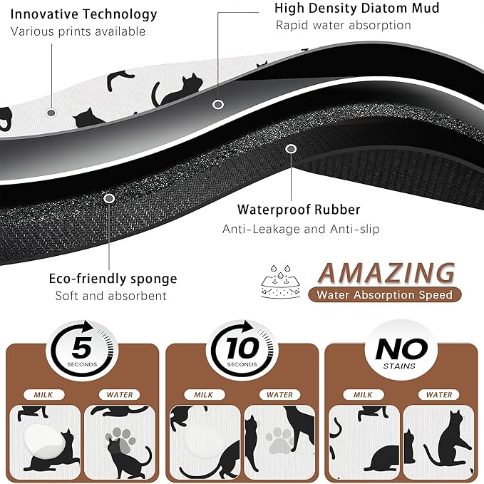 Funny Black Cat Dog Food Mat,Absorbent Pet Feeding Mat with Rubber Backing,Non-Slip Water Bowl Placemat,Indoor Pet Accessories Supplies 12"x20"