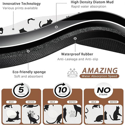 Funny Black Cat Dog Food Mat,Absorbent Pet Feeding Mat with Rubber Backing,Non-Slip Water Bowl Placemat,Indoor Pet Accessories Supplies 12"x20"