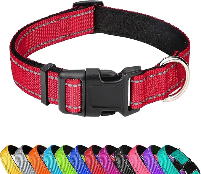 Reflective Dog Collar, Adjustable Soft Neoprene Padded Nylon Pet Collars with Buckle for Small Dogs, Red,S