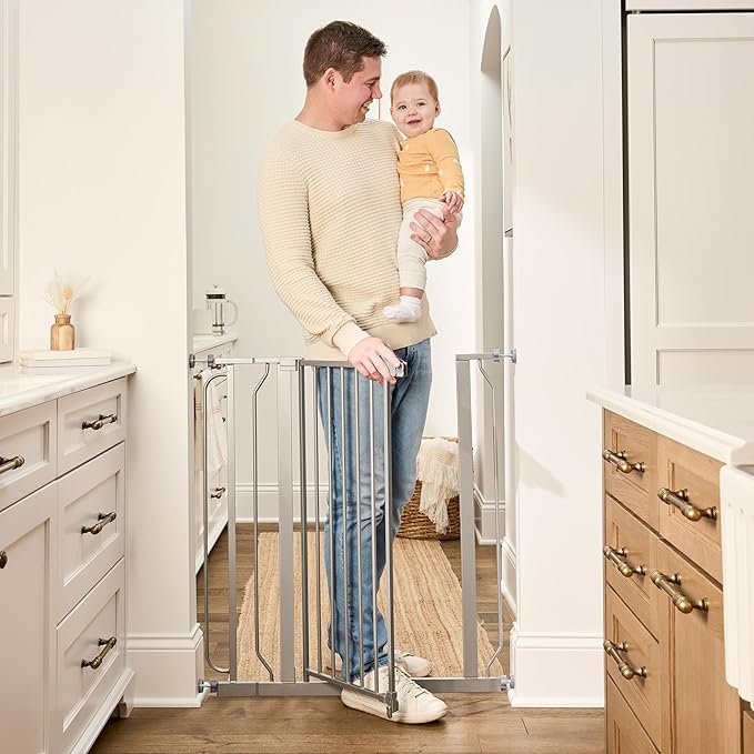 Regalo Safety 36” Extra Tall Baby Gate for Doorways & Bottom of Stairs, Pressure Mounted Baby Gate with Door for Babies, Toddlers & Pets, Tested & Safe, American Designed and Owned, Platinum