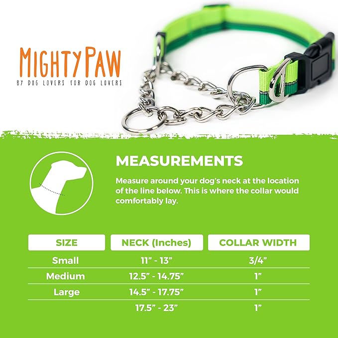 Mighty Paw Martingale Dog Collar 2.0 | Trainer Approved Limited Slip Collar with Stainless Steel Chain & Heavy Duty Buckle - Modified Cinch for Gentle & Effective Pet Training - Large, Green