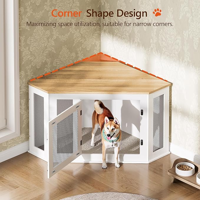 MAHANCRIS Corner Dog Crate Furniture, Wooden Dog Kennel End Table, Decorative Pet Crate Indoor Use, Furniture Style Dog House for Small Medium Dog, Dog Cage TV Stand, White and Natural DCBN0801