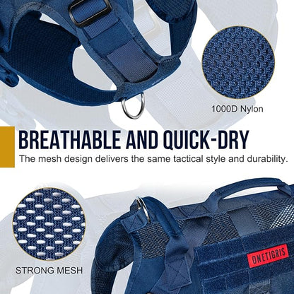 OneTigris Tactical Dog Harness for Small Medium Large Dogs, Mesh Design Service Dog Vest Breathable Military Dogs Molle Vests with Handles, Harness for Walking Hiking Training (Blue, S)