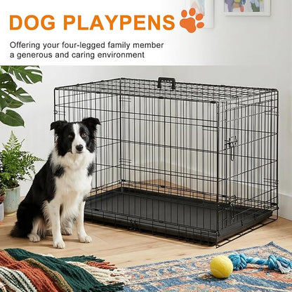 FDW Large Dog Crate 42inch Dog Cage Foldable Metal Kennel with Leakproof Tray Foldable Design Indoor Outdoor Use for Large Dogs,Black