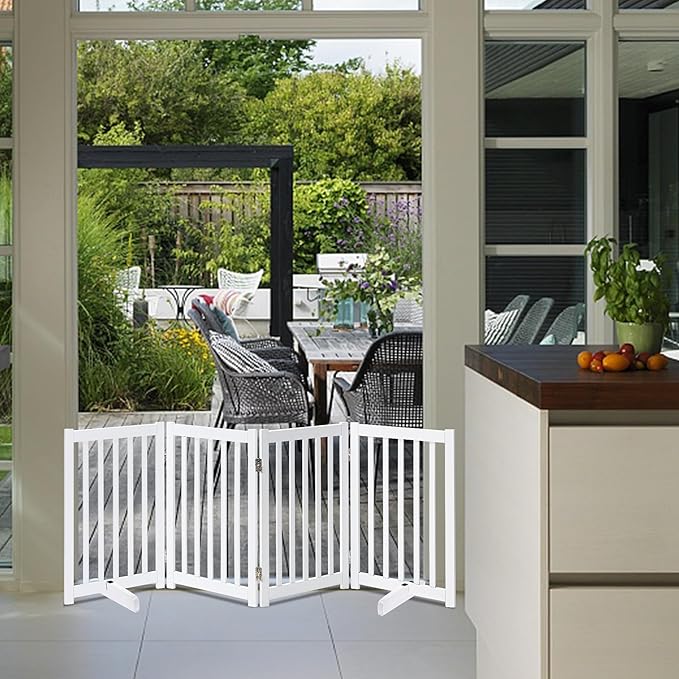 LZRS Freestanding Extra Wide Dog Gate 30 inch Tall - 4 Panels Solid Wooden Pet Gate for Doorways, Stairs, Hallways,Kitchens& Long Areas, Expandable & Foldable with Support Feet,Indoor Use,White