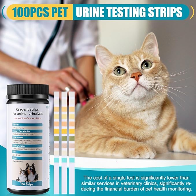 100 x Pet Urine Testing Strips, 10 in 1 UTI Test Kit for Cat & Dog, Multi-Parameter Urinalysis Reagent Strips: Leukocytes, Urobilinogen, Protein, Ph, Blood, Ketone, Bilirubin, Glucose & More