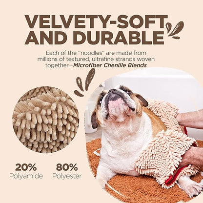 Soggy Doggy Super Shammy Dog Towel – Absorbent Microfiber Chenille Pet Towel for Drying Wet Dogs, Muddy Paws, Quick Dry Dog Shammy with Hand Pockets, Machine Washable – Beige/Red Trim, 31” x 14”