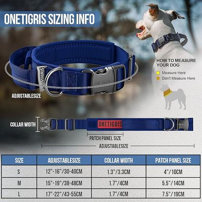 OneTigris Tough Dog Collars, Tactical Dog Collar with Handle, Milltary Adjustable Dog Collar with Heavy Duty Metal Buckle for Training (Large,Blue)