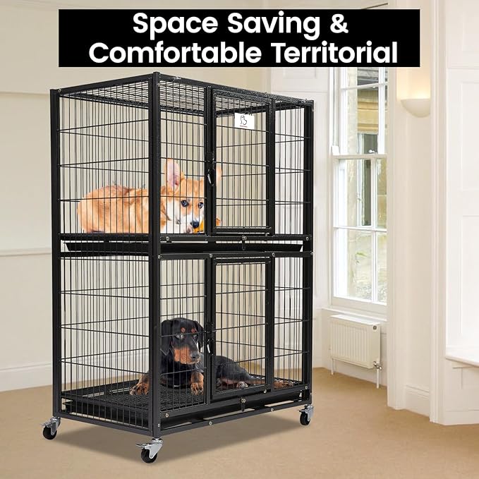 Homey Pet 31 Inch Two Tiers Heavy Duty Dog Crate Cage Kennel with Four Lockable Wheels, Removable Tray, Escape Proof Wire Drop Dog Crates for Small Dogs