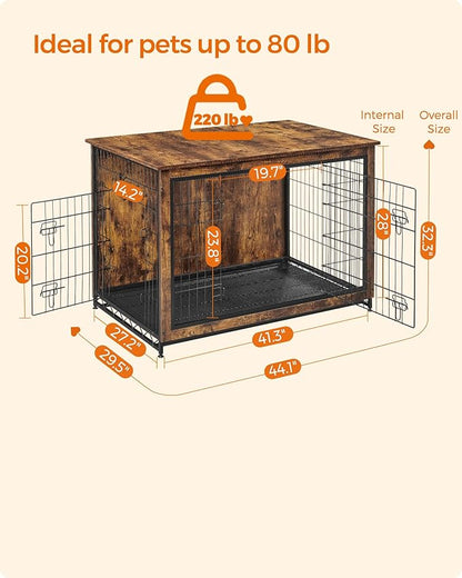 Feandrea 44.1" Dog Crate Furniture, Indoor Dog Cage Side End Table, XL Pet Wood Kennel for Large and Medium Dogs up to 80 lb with Multi-Purpose Removable Tray, Double-Door Pet House, Rustic Brown
