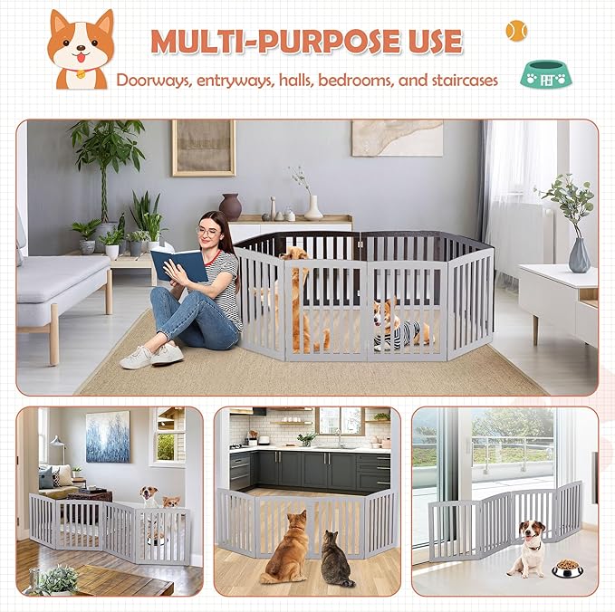 Dog Gate Pet Gate for House, Stairs, Hallways, Doorways 82x24 Inch 4 Panels Foldable Dog Fence for Indoor Extra Wide Wooden Grey