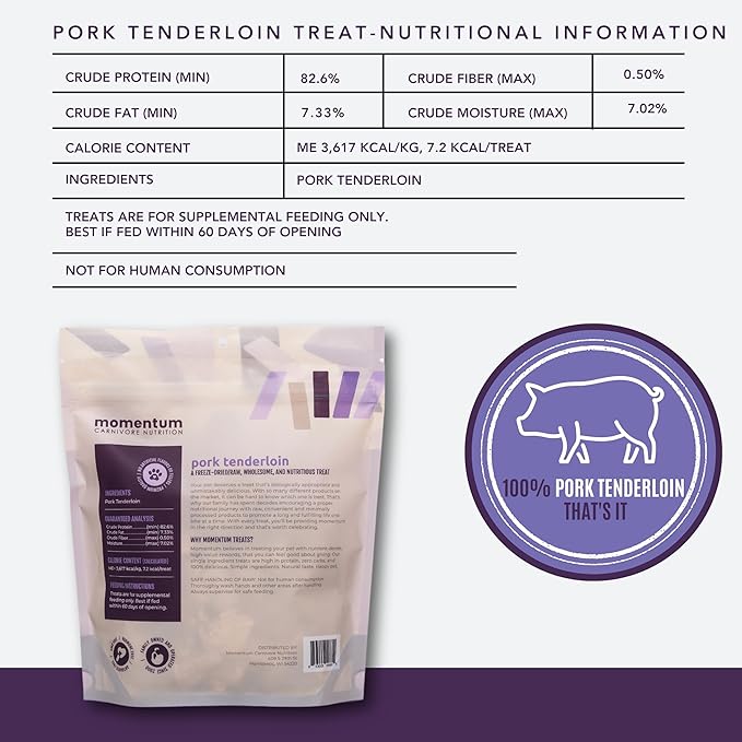 Momentum Carnivore Nutrition Freeze-Dried Pork Tenderloin Dog Treats & Cat Treats – Single-Ingredient, High-Protein, Grain-Free, Lean & Naturally Tender – Made in USA – 3.5 oz Bag