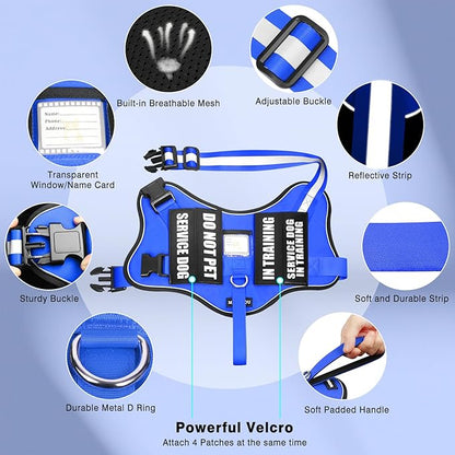Service Dog Vest Harness and Leash Set+10 Patches,No Pull&Easy Walk Reflective Dog Harness with Soft Padded Handle for Training/Everyday,Fit Small/Medium/Large/Extra-Large Dogs (Blue M)